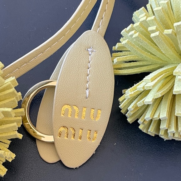 Miu Miu Lemon Yellow Pom-Pom Bag Charm with Leather Strap - Picture 2 of 3